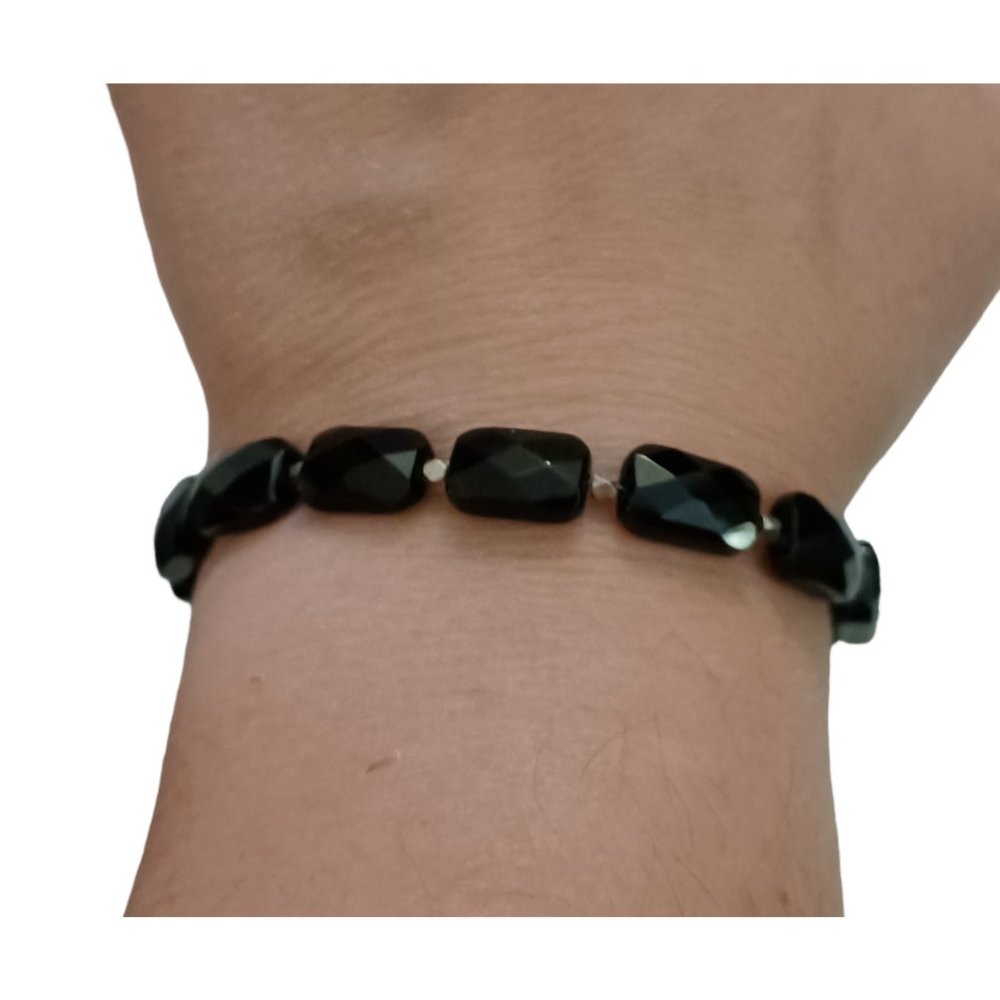 925 Sterling Silver Black Rectangle Glass Bead Bracelet 8.5"